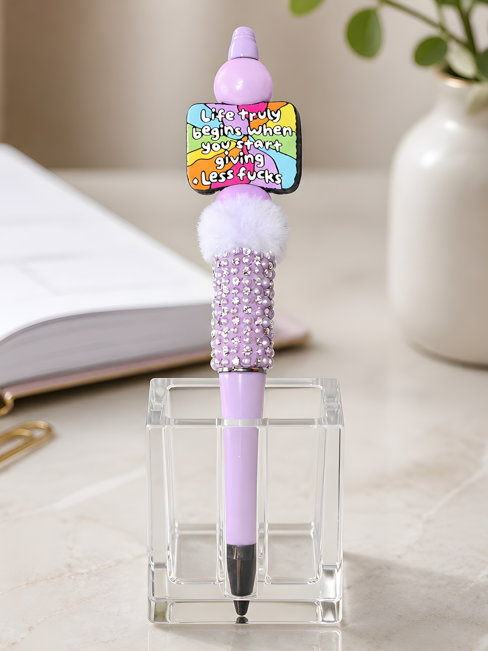 Handcrafted Lavender Pom Pom Rhinestone Pen with Rainbow Quote Charm